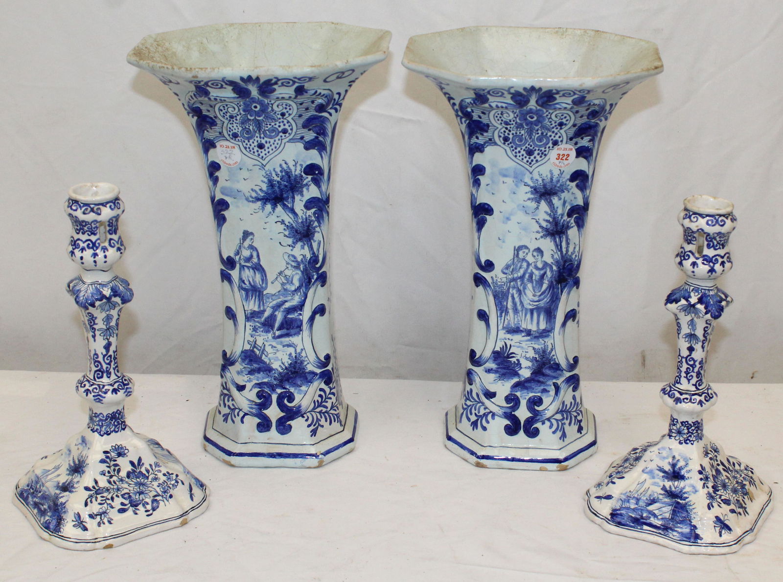 Lot of antique blue & white Delft incl pair of vases & pair of candlesticks - 12" & 9 1/2" tall (1 of 9)