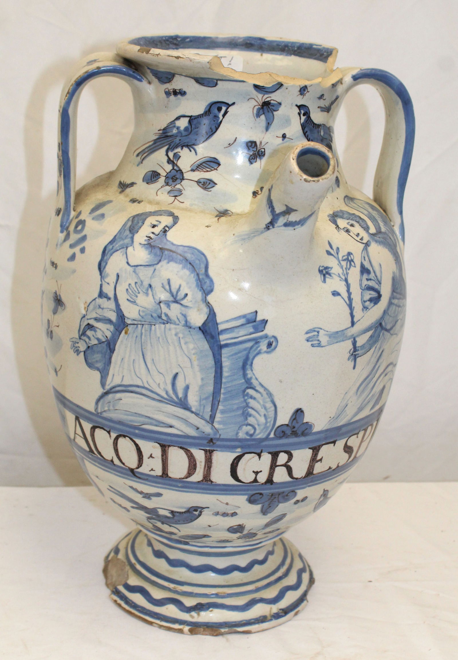 Antique Delft 2 handled urn - 15 1/2" tall: Antique Delft 2 handled urn - 15 1/2" tall