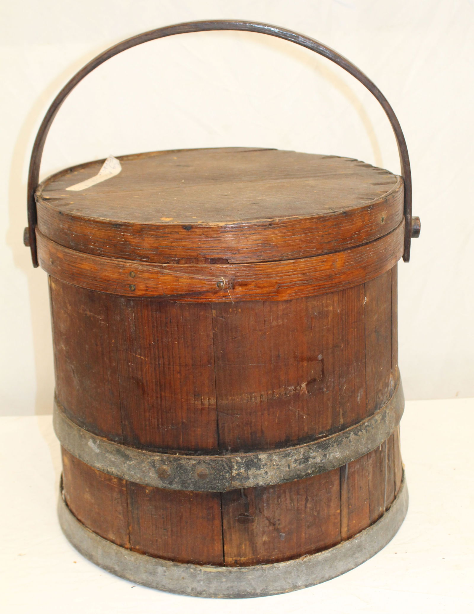 Large antique wooden bucket w lid, iron bands & wooden bail handle - 14 1/2" tall x 14" diam: Large antique wooden bucket w lid, iron bands & wooden bail handle - 14 1/2" tall x 14" diam