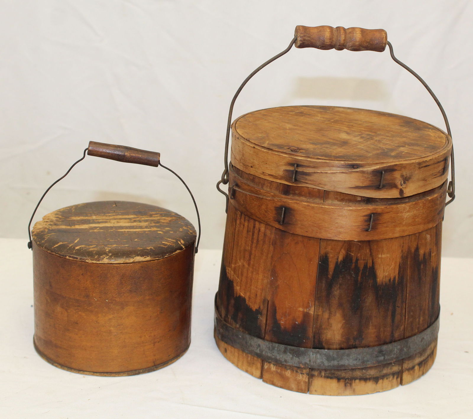 Lot of 2 antique wooden buckets w lids & wire bail handles - 3 3/4" tall x 4 1/2" diam & 6 3/4" tall (1 of 6)
