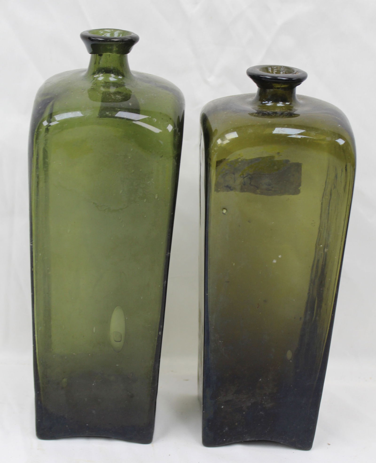 Lot of 2 early green glass gin bottles - 9 3/4" & 10 1/2" tall (1 of 4)