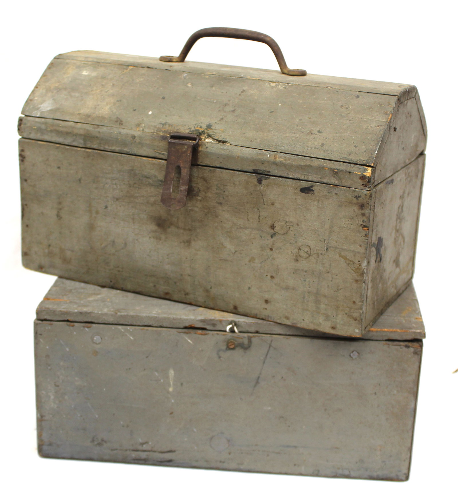 Lot of 2 lift top boxes in gray paint - 5" tall x 11 1/2" wide x 6 1/2" deep & 7" tall x 12" wide: Lot of 2 lift top boxes in gray paint - 5" tall x 11 1/2" wide x 6 1/2" deep & 7" tall x 12" wide x6" deep