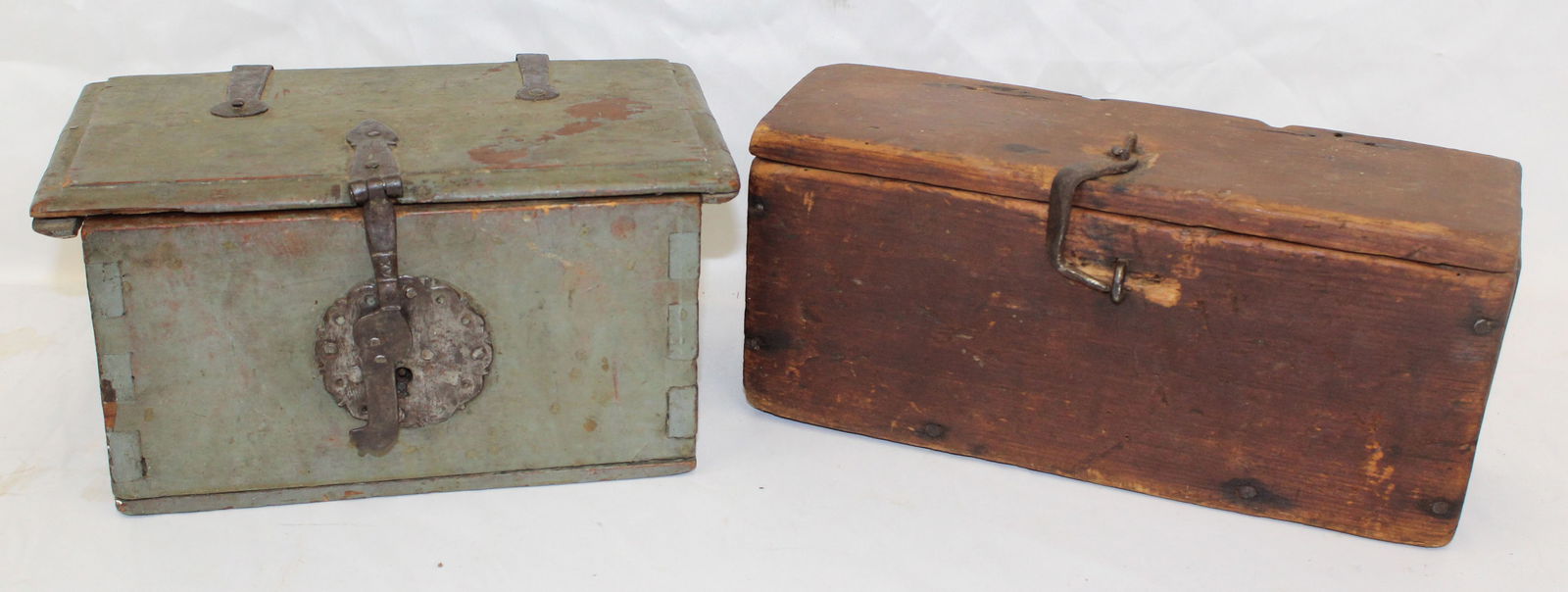 Lot of 2 18thC lift top boxes incl valuables maple in gray & wagon box in red paint - 5 1/4" tall x: Lot of 2 18thC lift top boxes incl valuables maple in gray & wagon box in red paint - 5 1/4" tall x 10 1/2" wide x 5 3/4" deep & 5 1/2" tall x 12" wide x 3 1/2" deep