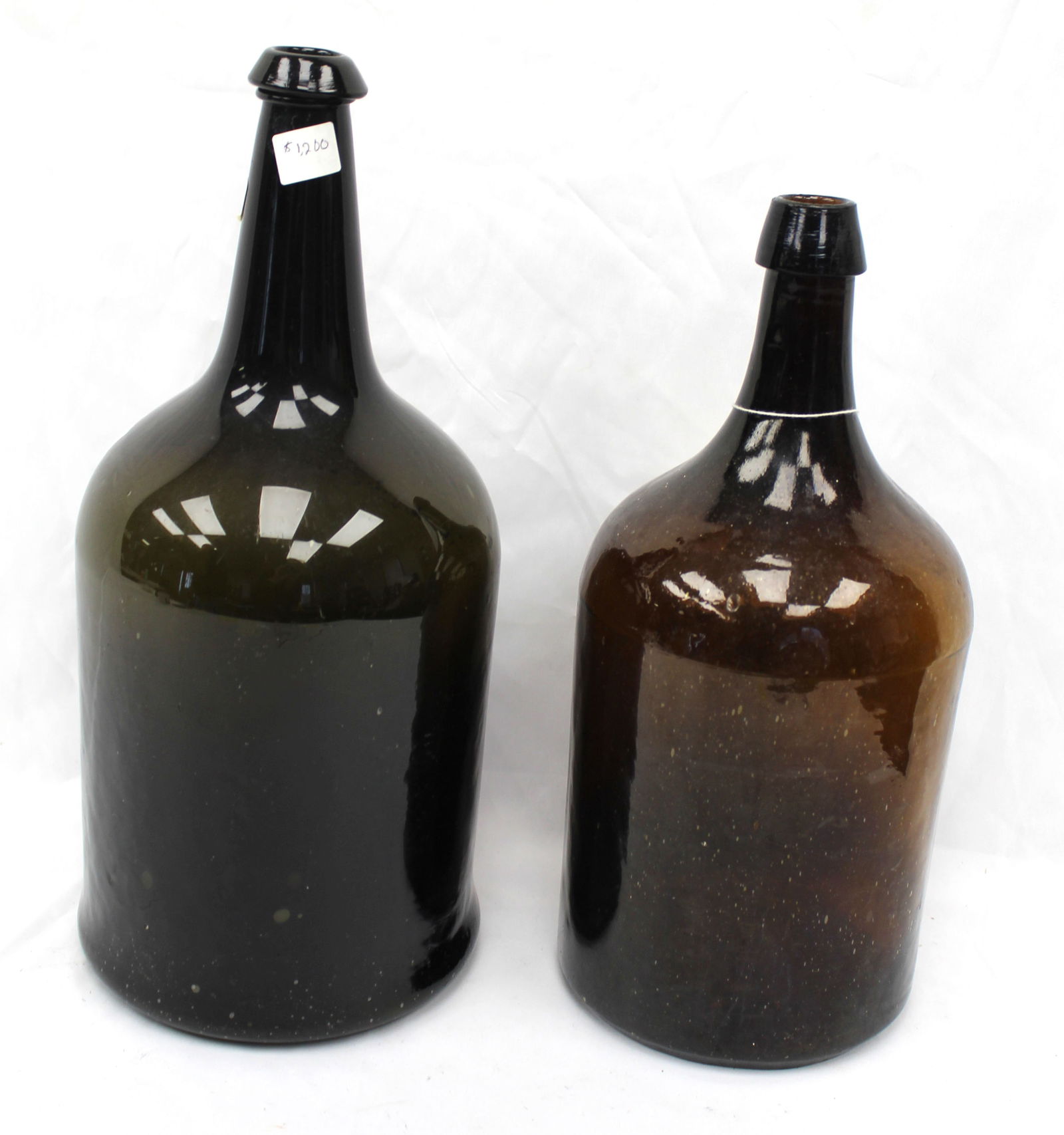 Lot of 2 early glass bottles - 14" amber & 16" green (1 of 7)