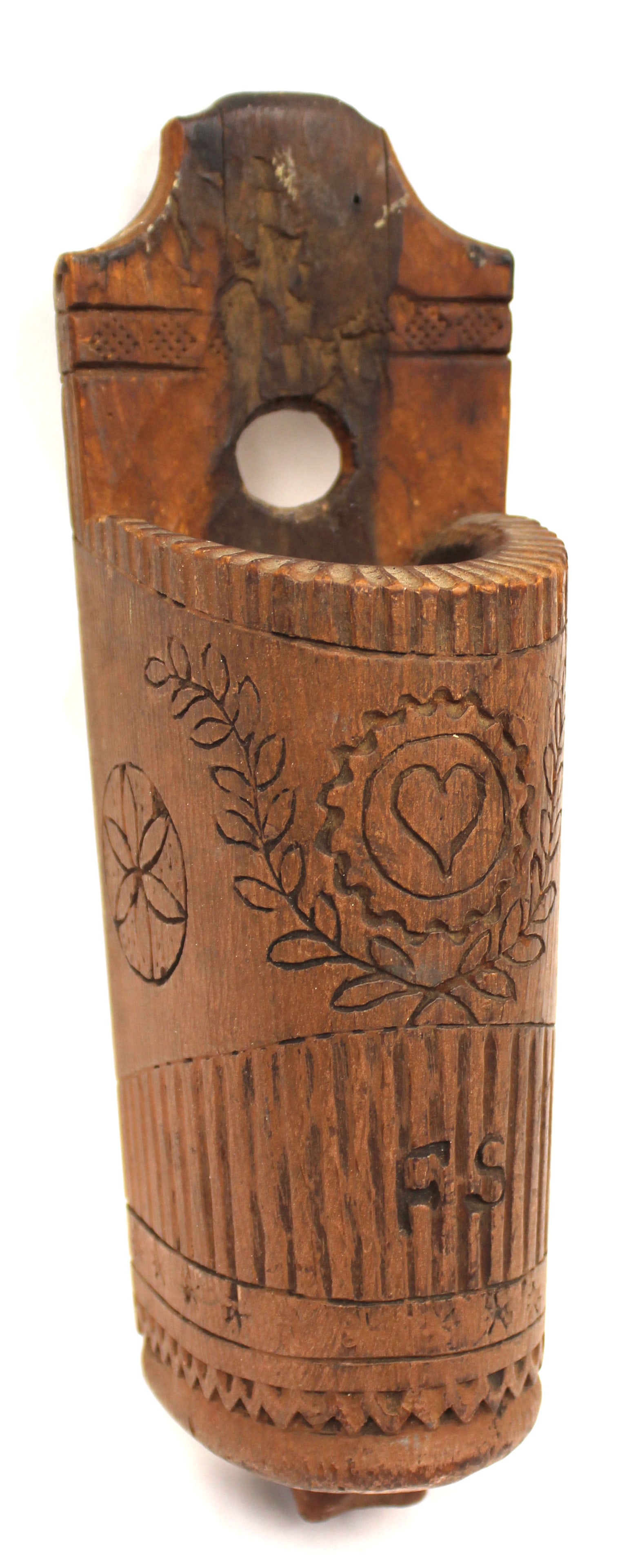 Antique carved wall box w heart & vines motif & FS initials - 10 1/4" tall x 3 1/4" wide x 3" deep (1 of 6)
