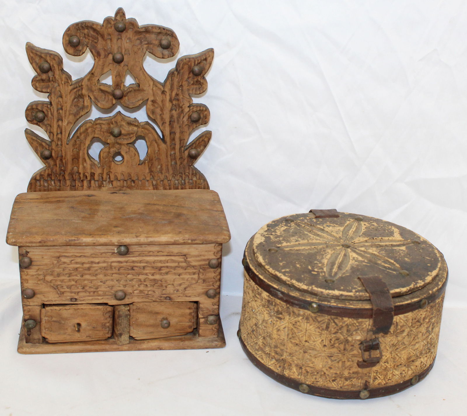 Lot of 2 boxes incl European wall box & round heavily carved cork box - 12 1/4" tall x 8 1/4" wide x (1 of 9)