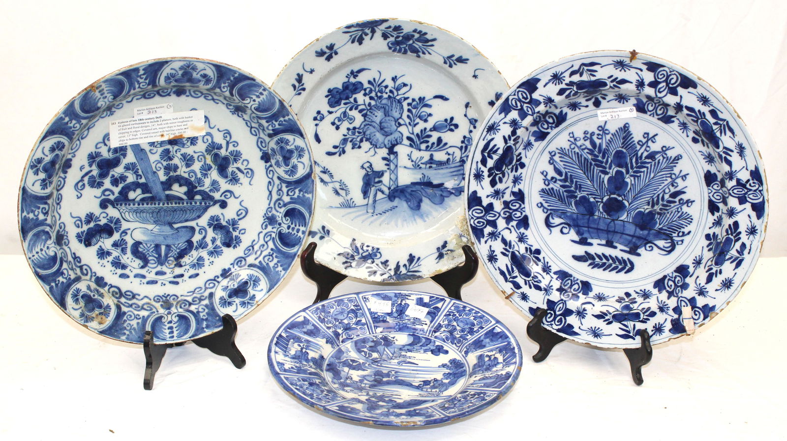 Lot of 4 Delft blue & white chargers - as found - 11 1/2" - 13 1/2" diam (1 of 17)