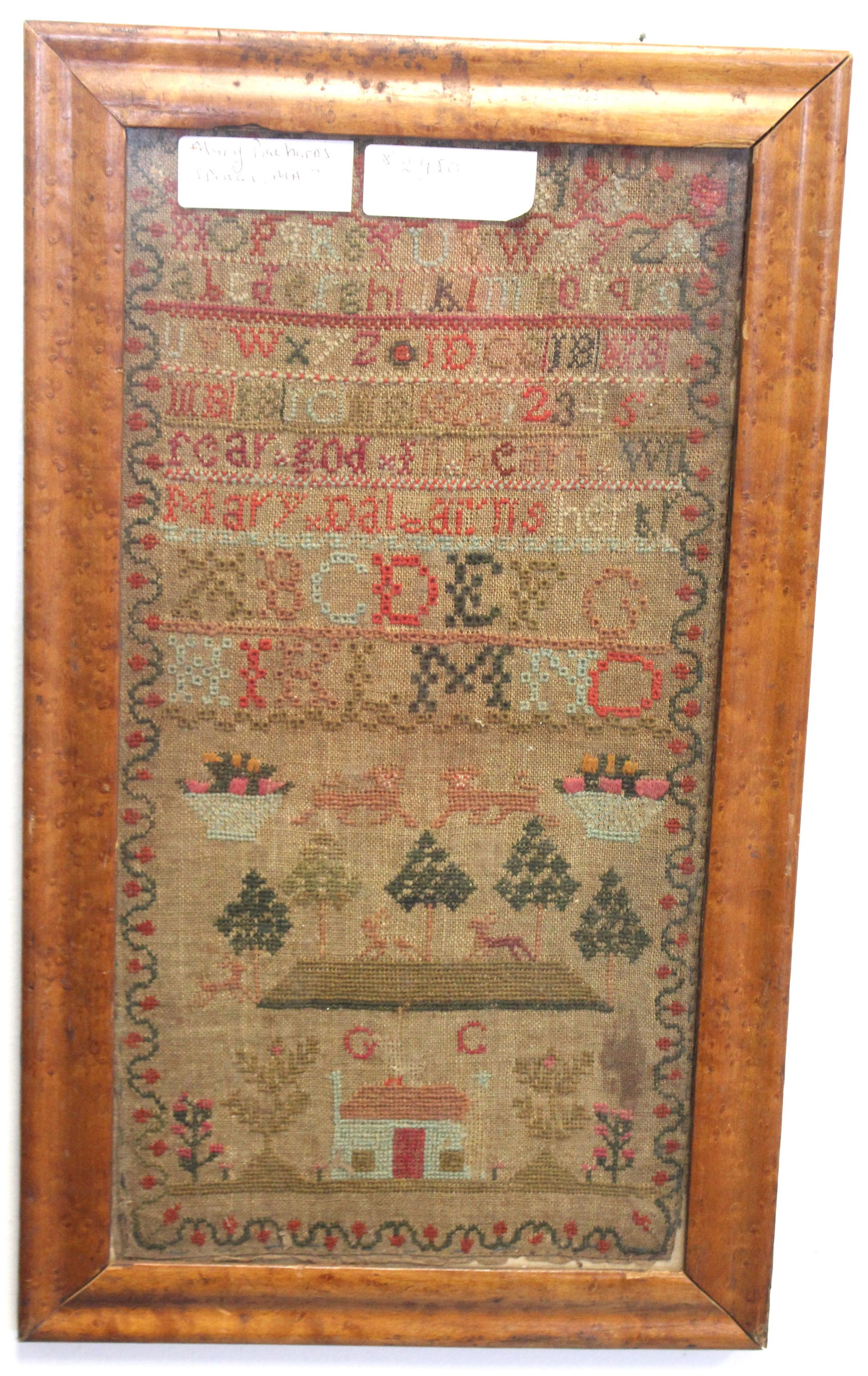 19thC alphabet & pictoral sampler Mary Dalbarns dated 1820 - overall framed size 19"x11 1/4": 19thC alphabet & pictoral sampler Mary Dalbarns dated 1820 - overall framed size 19"x11 1/4"