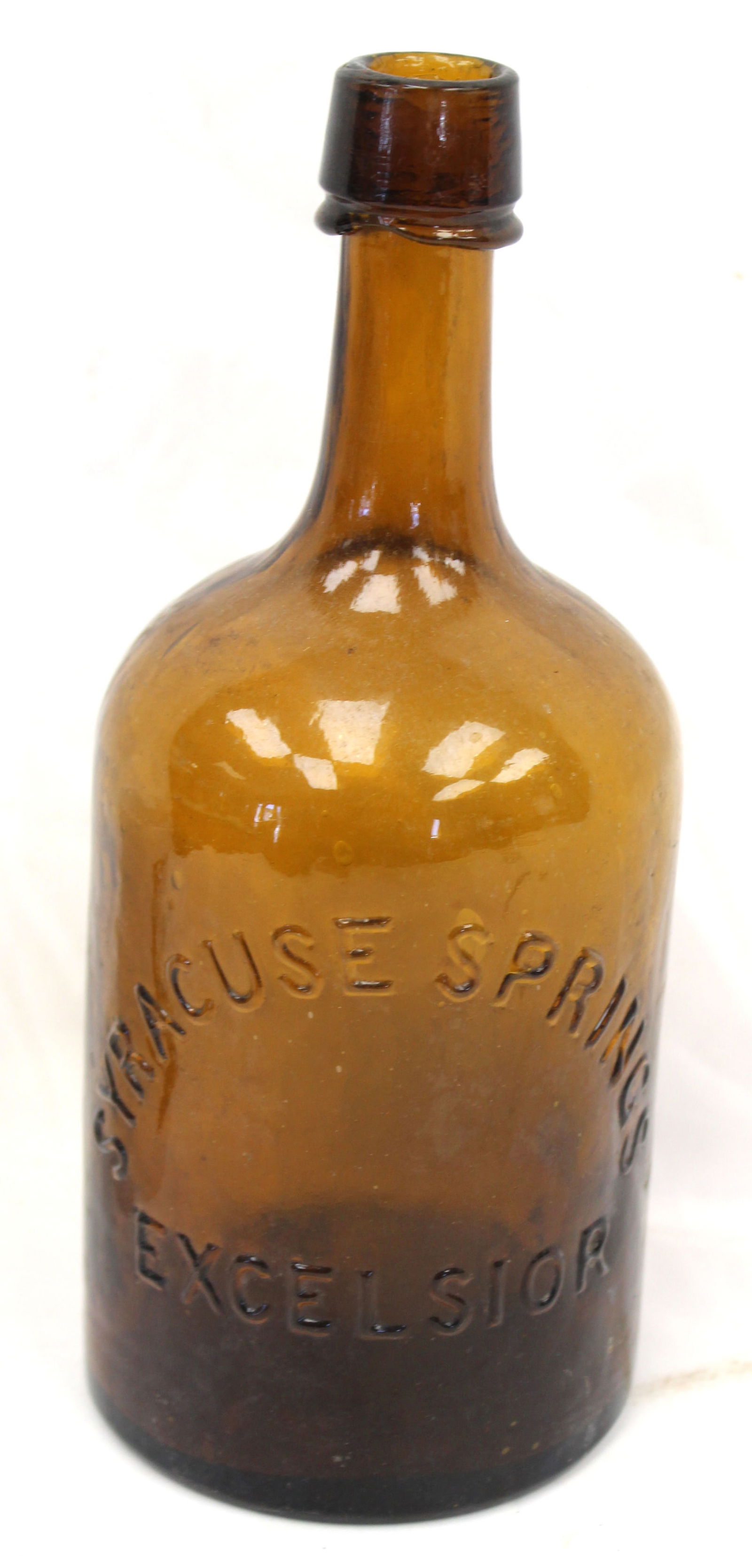 Early amber glass bottle - Syracuse Springs Excelsior - 10" tall: Early amber glass bottle - Syracuse Springs Excelsior - 10" tall