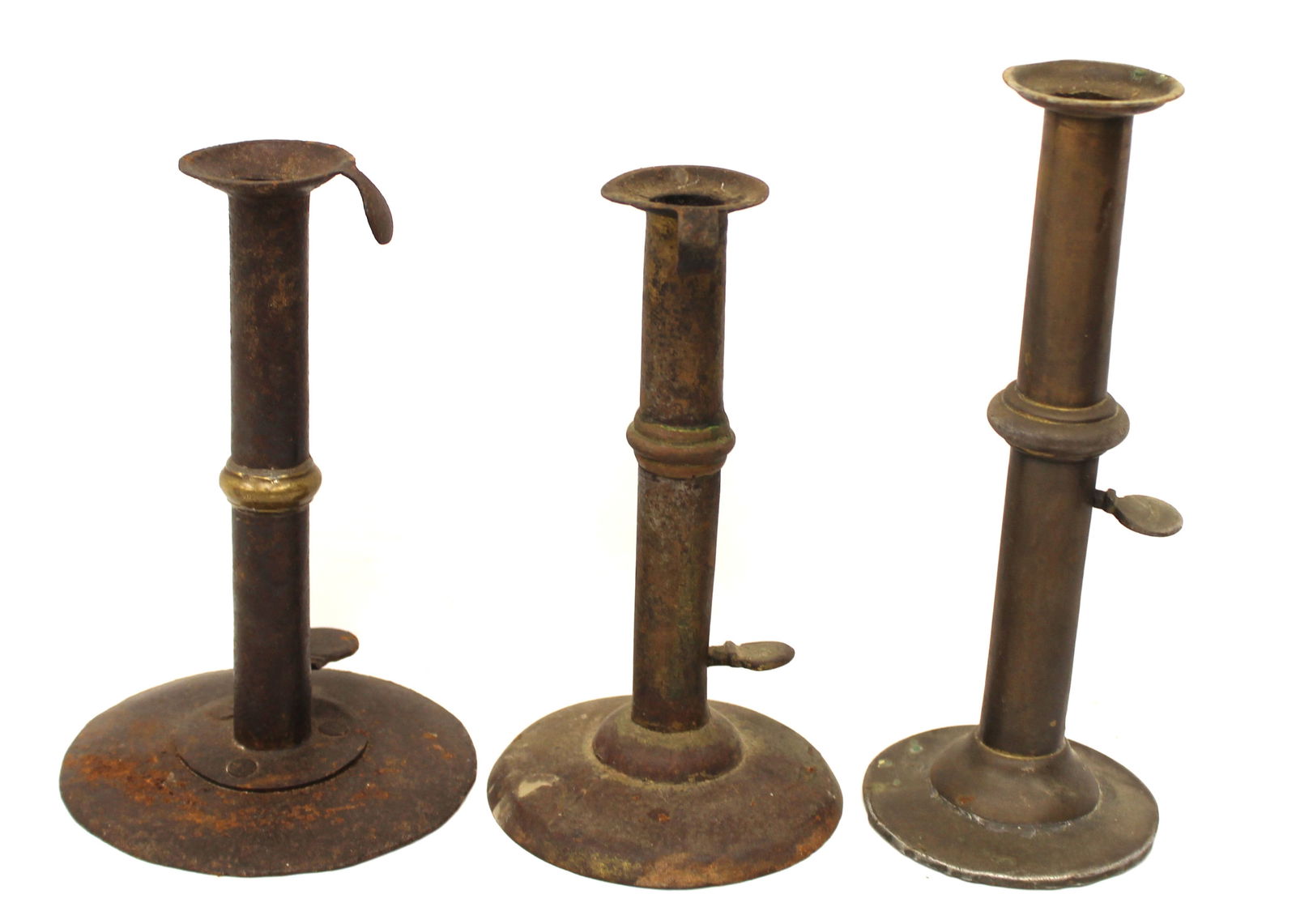 Lot of 3 antique tin wedding band hogscraper candlesticks - 7" - 8 1/4" tall (1 of 7)