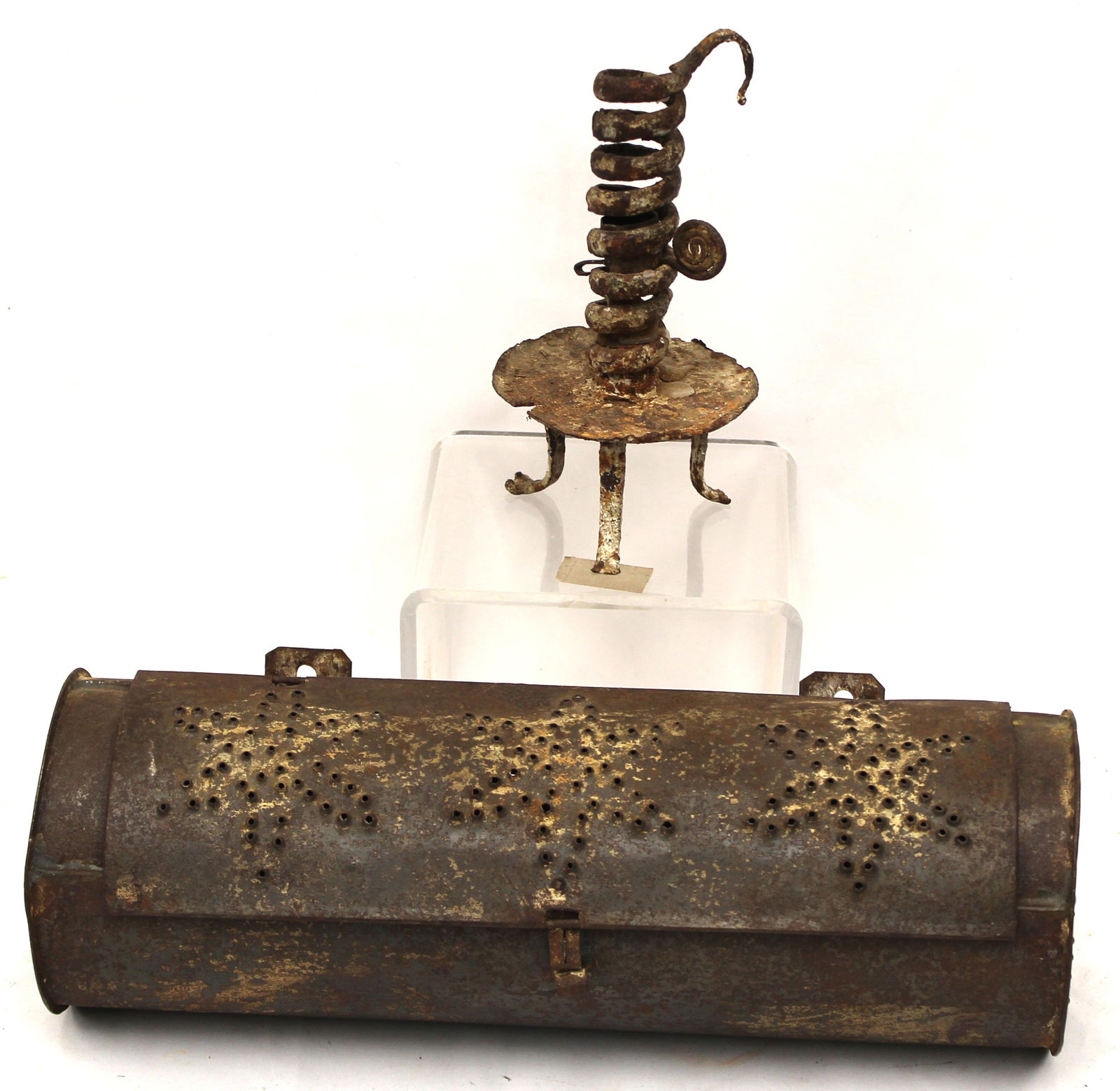 Antique lighting lot incl punched tin cylindrical candle box & spiral turned iron candlestick - 13 (1 of 9)