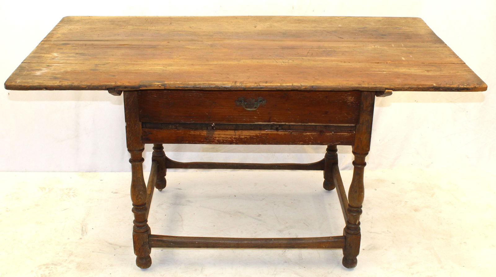 18thC 1 dr tavern table w stretcher base - 30 1/2" tall x 57"x31" top (1 of 10)
