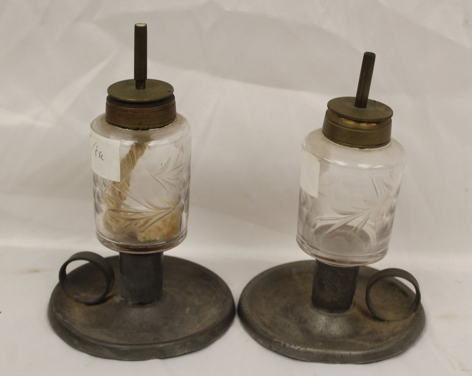 Lot of 2 antique pewter & glass whale oil lamps - 7" tall: Lot of 2 antique pewter & glass whale oil lamps - 7" tall