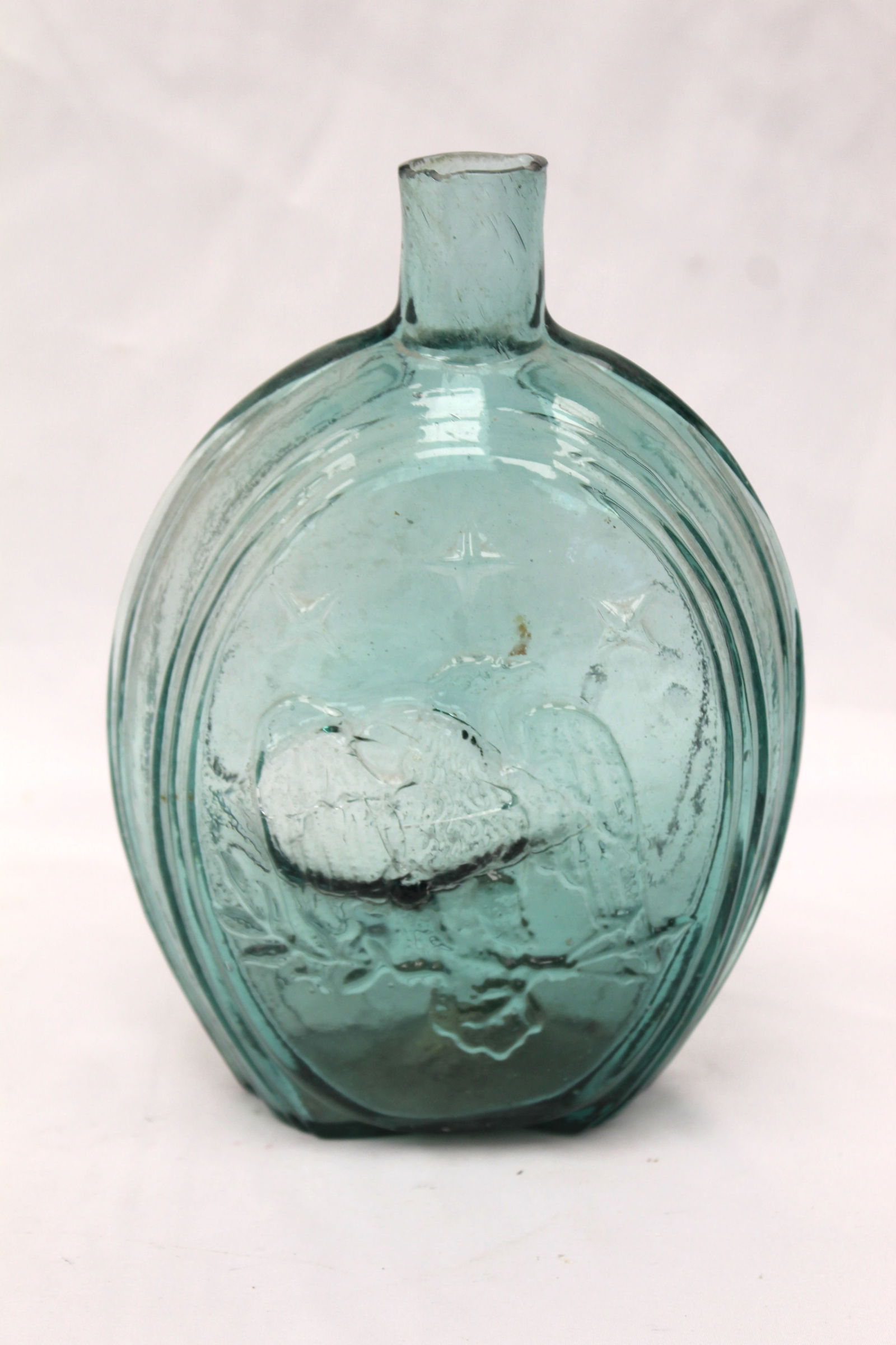Early aqua glass flask - 7 3/4" tall: Early aqua glass flask - 7 3/4" tall