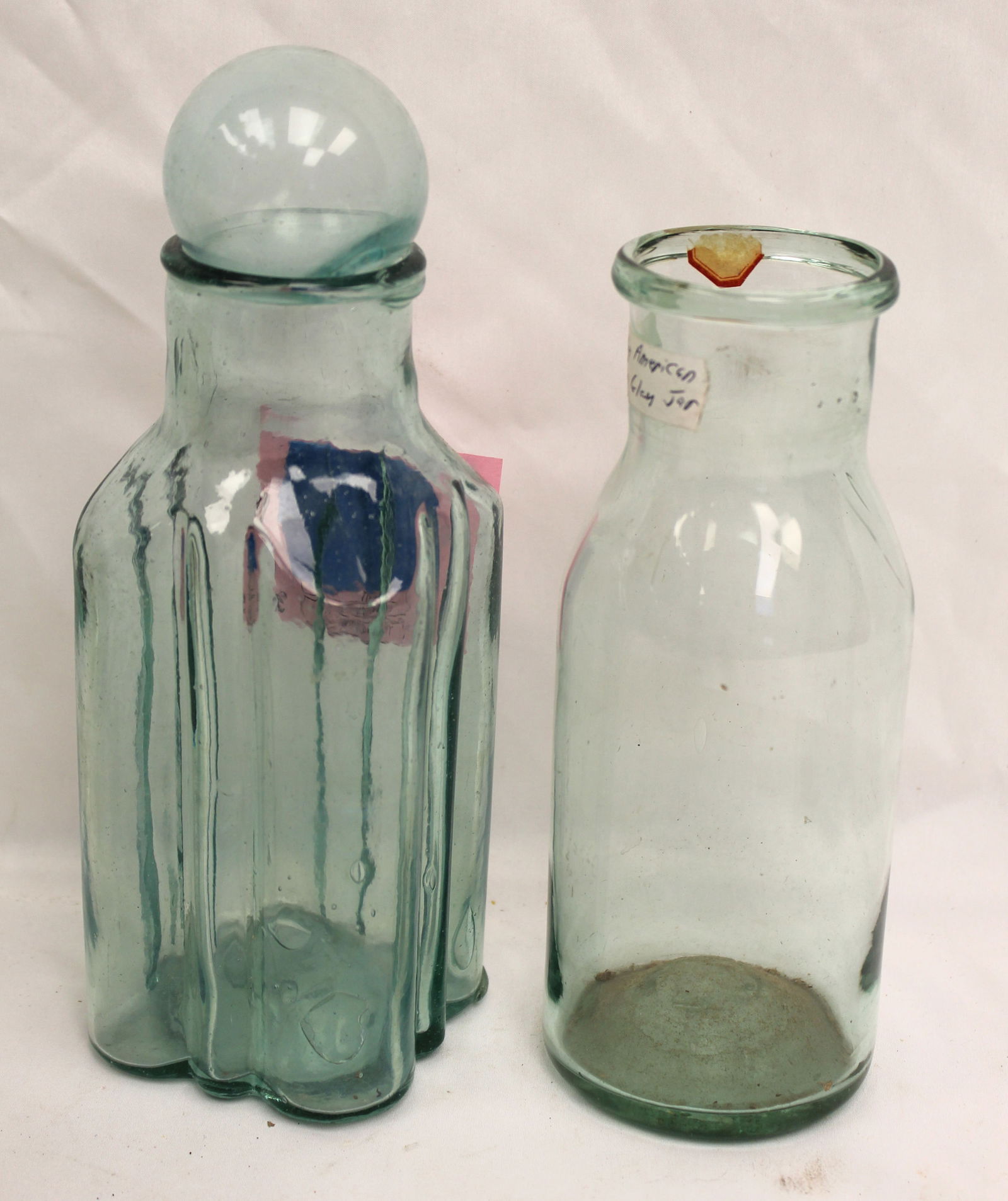 Lot of 2 early aqua glass jars plus a small aqua glass ball - 7 3/4" tall & 2" diam: Lot of 2 early aqua glass jars plus a small aqua glass ball - 7 3/4" tall & 2" diam