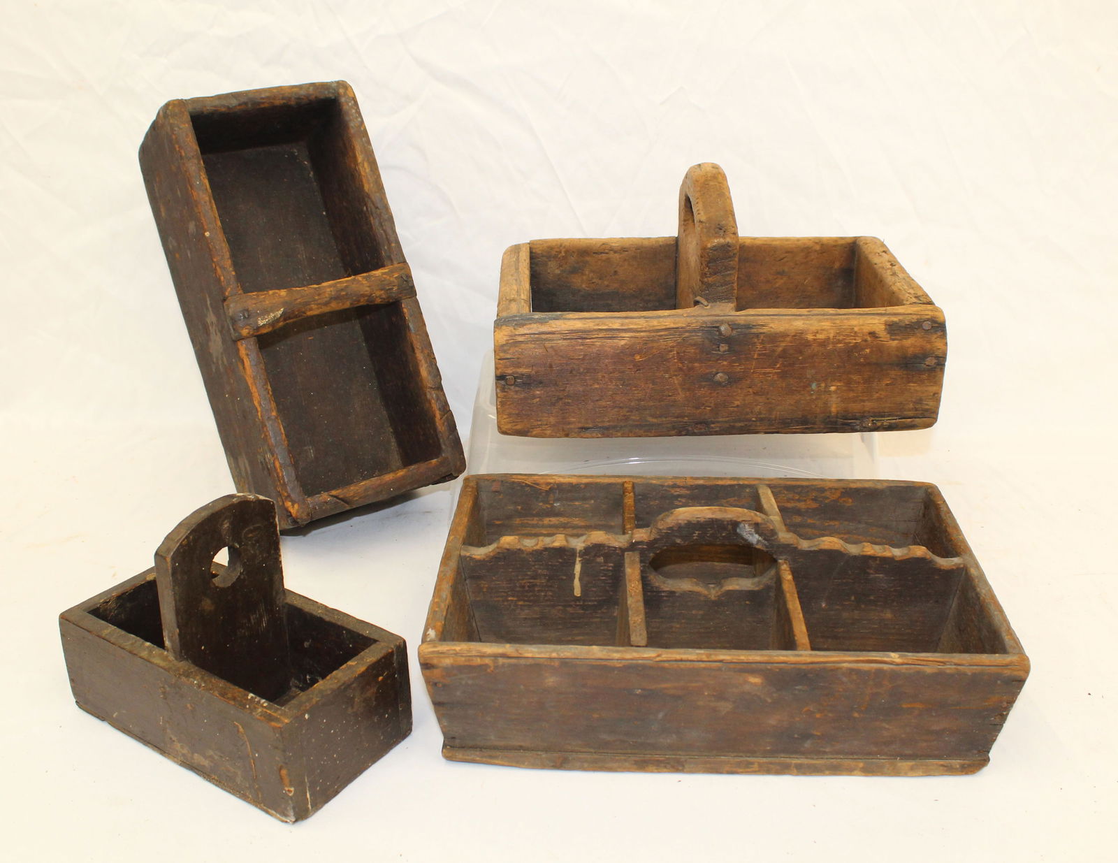 Lot of 4 wooden utility carriers w divided interiors - 7" tall x 5 1/2" x 4", 4 1/2" tall x 12 (1 of 7)