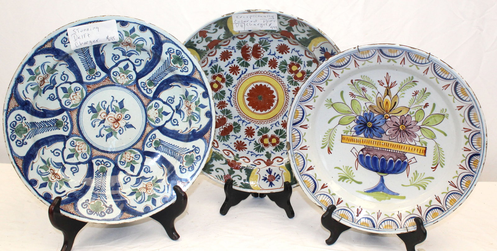 Lot of 3 antique Delft chargers - 12 1/4", 13" & 13 1/2" diam: Lot of 3 antique Delft chargers - 12 1/4", 13" & 13 1/2" diam