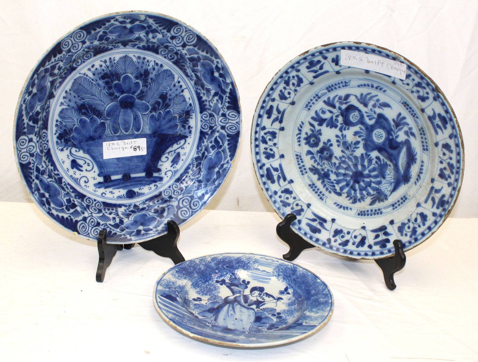Lot of 3 antique blue & white Delft chargers - 9", 11 3/4" & 12 3/4" diam (1 of 7)