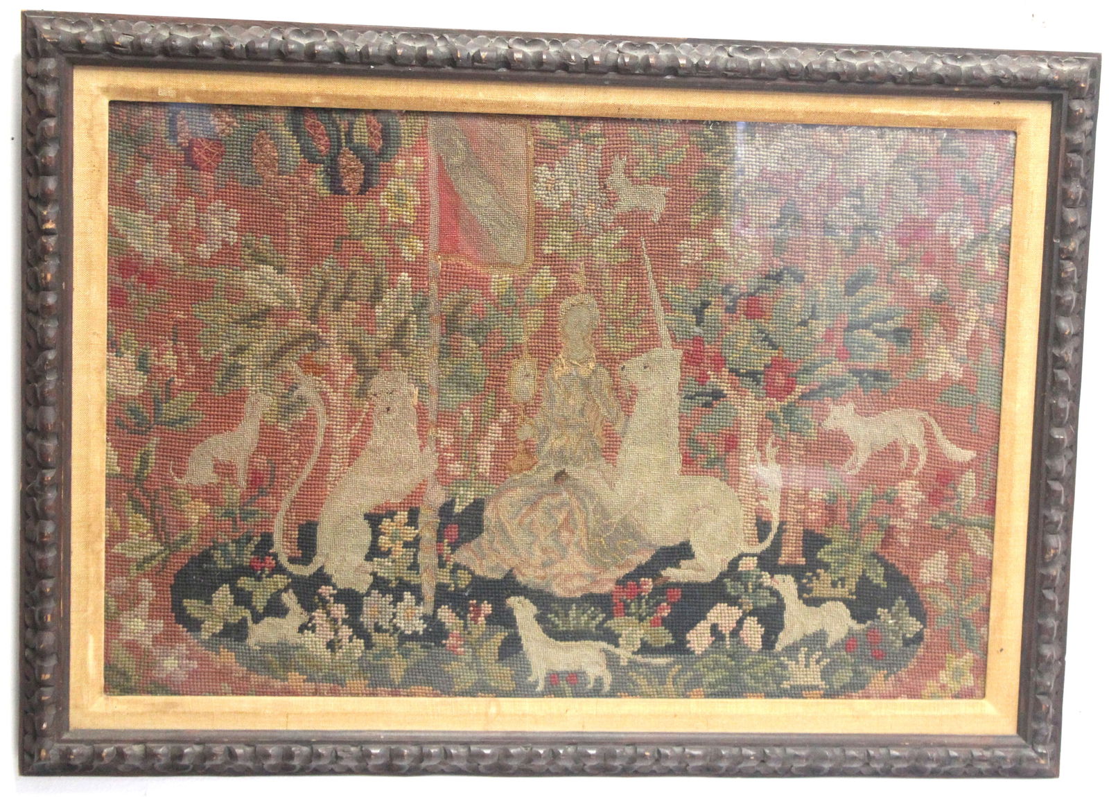 Antique framed tapestry embroidery w figure & many animals - probably a fragment - overall framed (1 of 6)