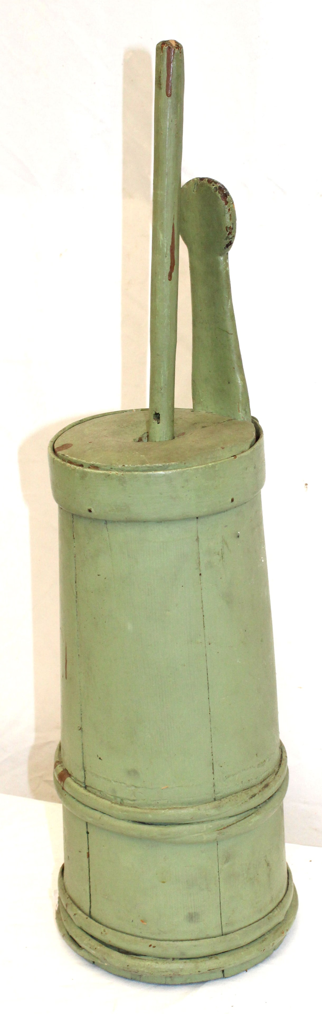 Antique wooden piggin form butter churn in green paint - 20 1/2" tall to top of handle & 24" to top: Antique wooden piggin form butter churn in green paint - 20 1/2" tall to top of handle & 24" to top of dasher