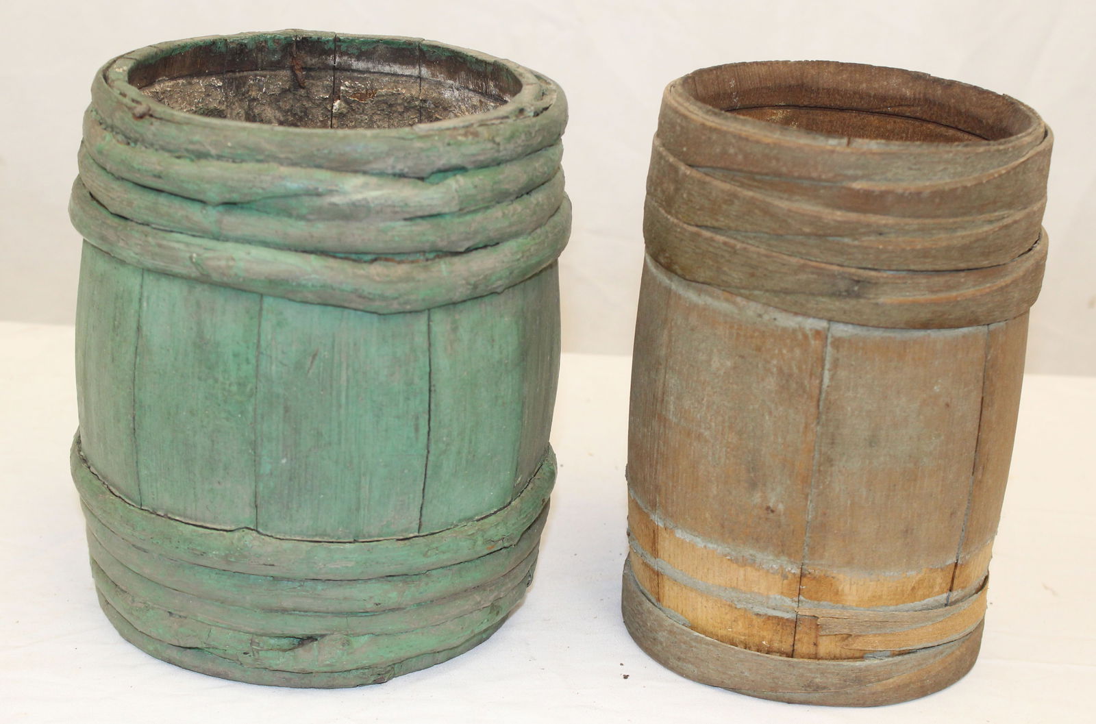 Lot of 2 antique wooden small barrels incl 1 in green paint - 7 3/4" & 8" tall (1 of 5)