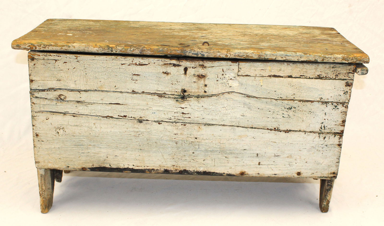 late 18th/ early 19thC child size blanket chest w orig pintil hinges in old white paint - 18" tall x: late 18th/ early 19thC child size blanket chest w orig pintil hinges in old white paint - 18" tall x 32" wide x 15" deep