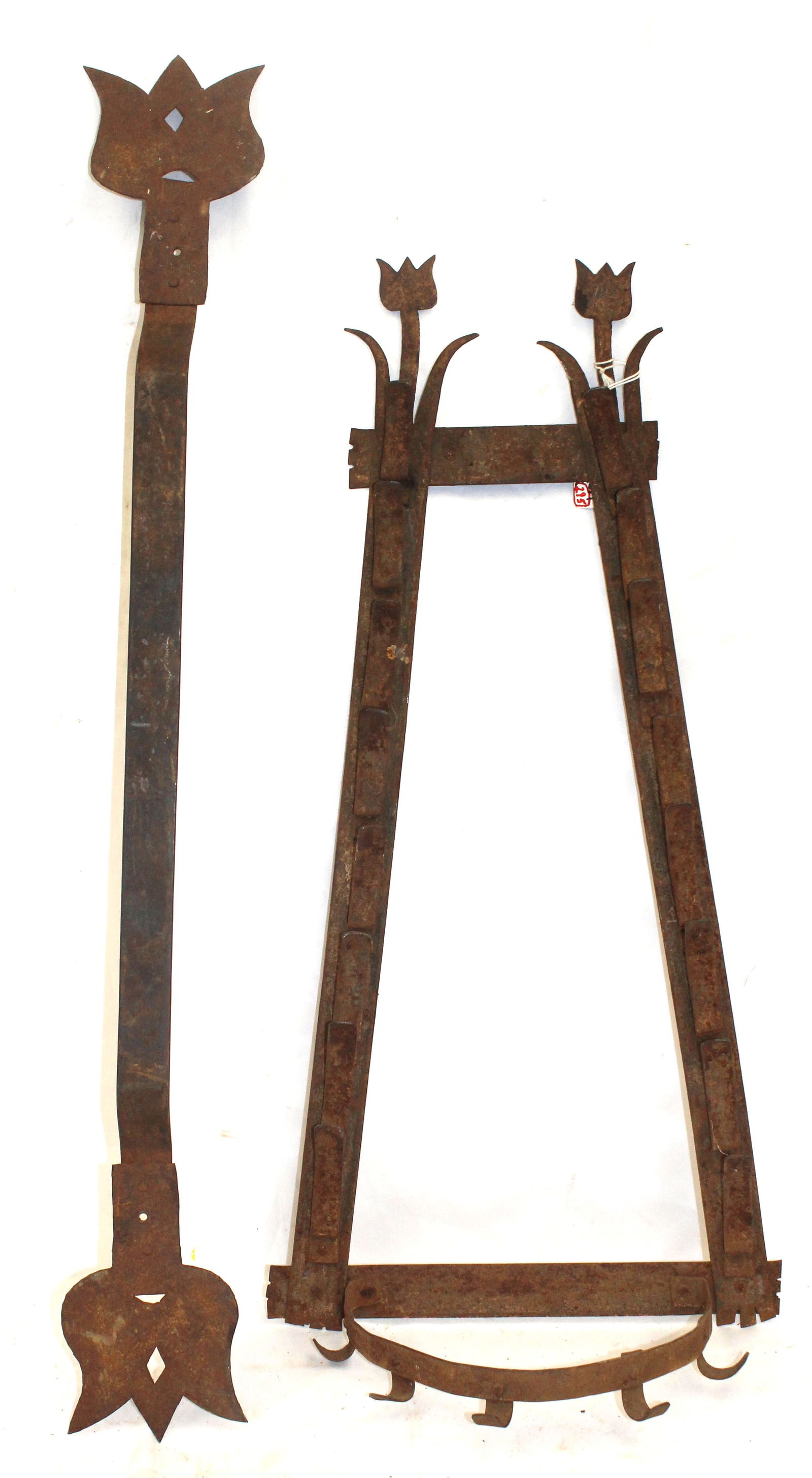 Lot of 2 antique iron utensil racks both with tulip finials - 28" tall x 13"x7" & 33 1/2" tall: Lot of 2 antique iron utensil racks both with tulip finials - 28" tall x 13"x7" & 33 1/2" tall