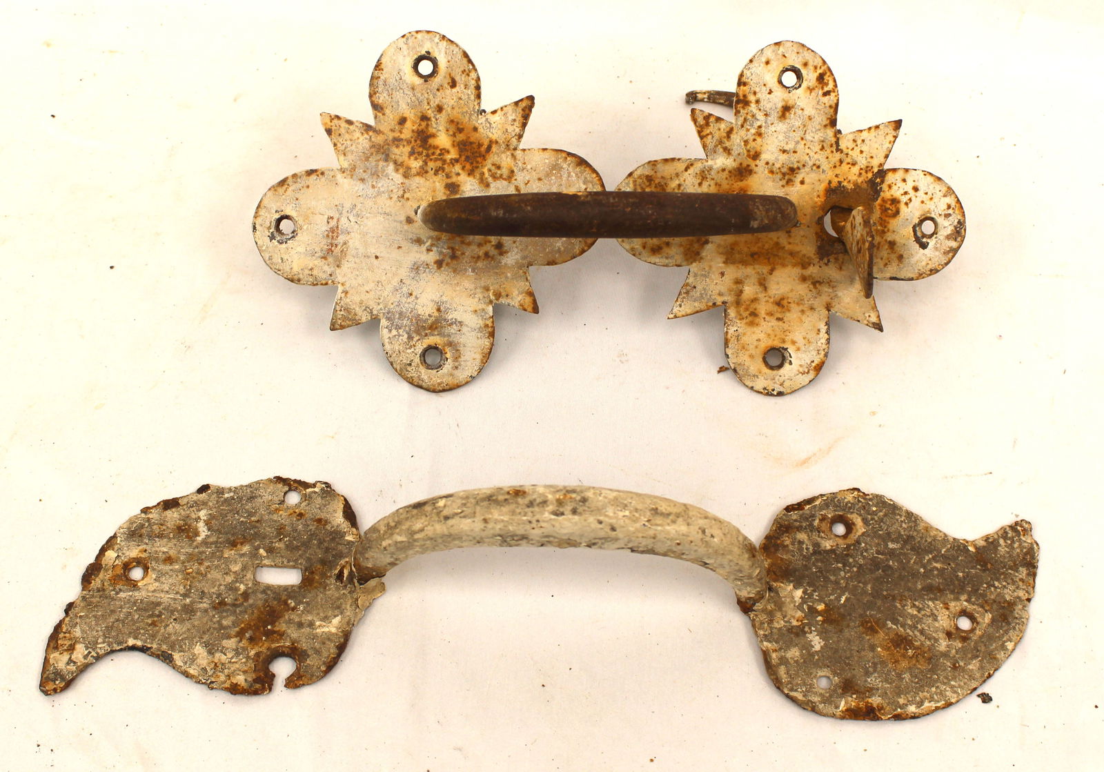 Lot of 2 antique iron door latches/handles - 15" & 11": Lot of 2 antique iron door latches/handles - 15" & 11"