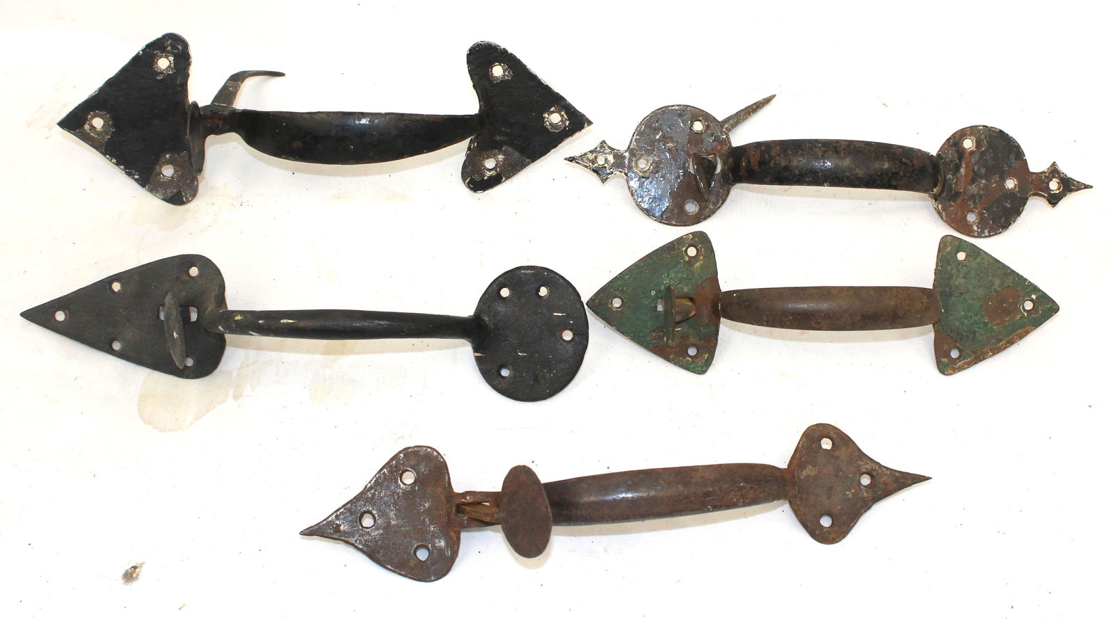 Lot of 5 antique iron door latches/handles - 9 1/2"-11 1/2": Lot of 5 antique iron door latches/handles - 9 1/2"-11 1/2"