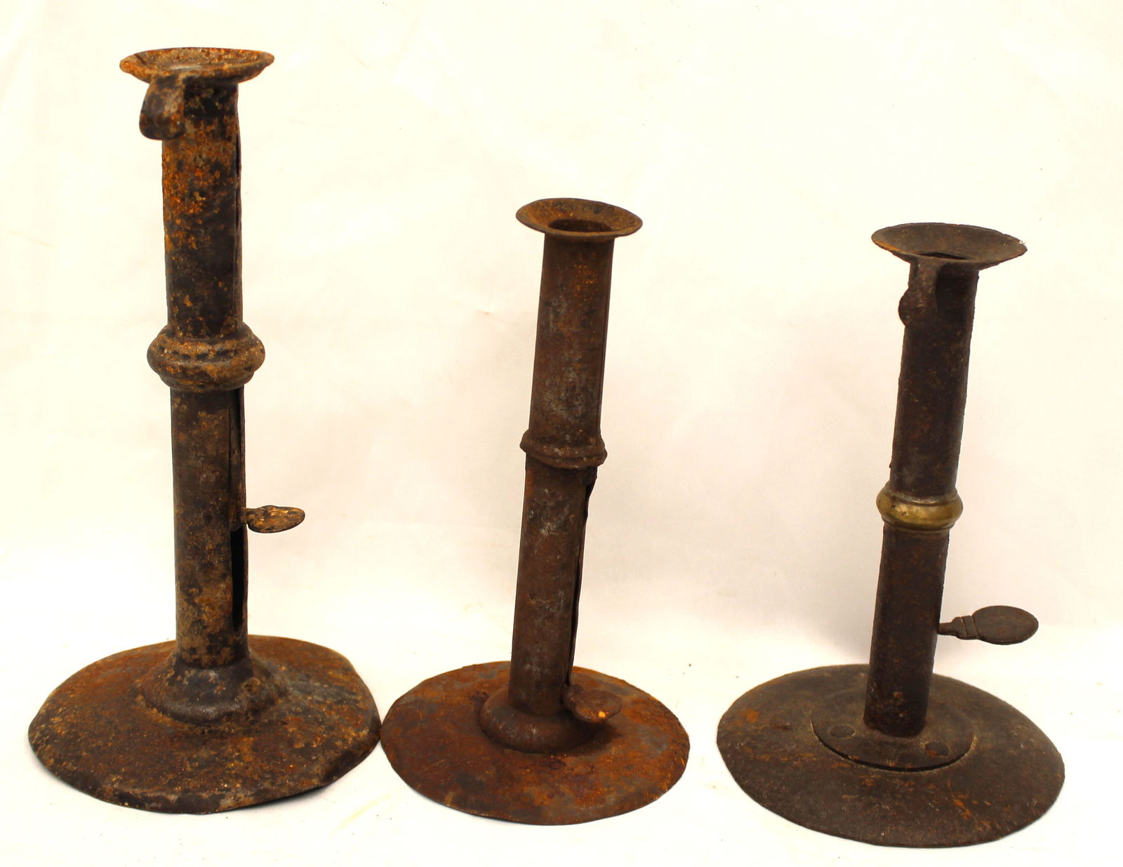 Lot of 3 antique tin wedding band hogscraper candlesticks - 7 1/2" - 9" tall (1 of 8)