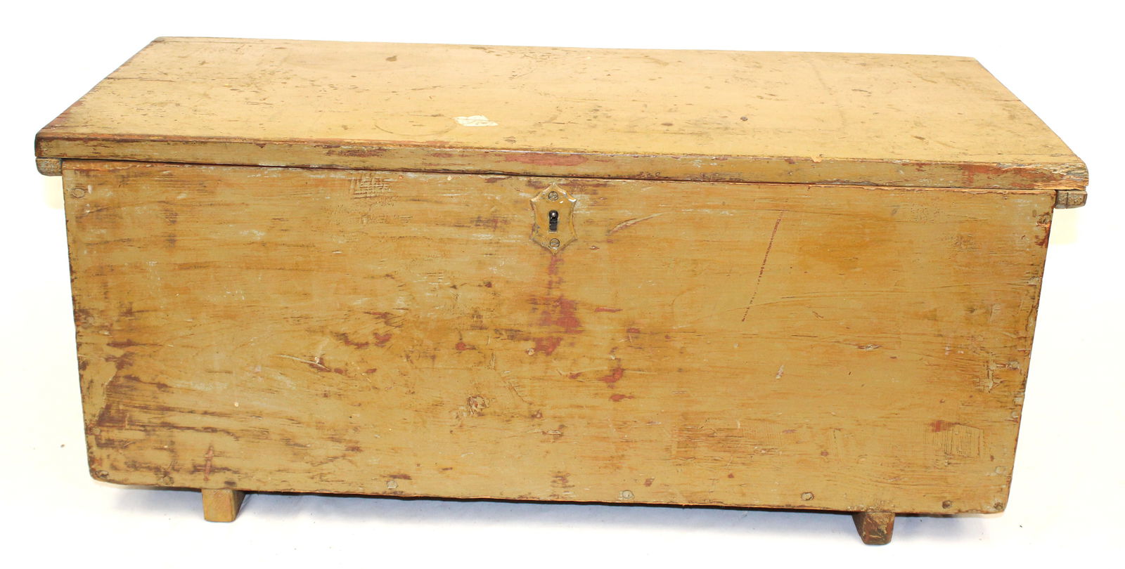 19thC lift top box on shoe feet in old apple green paint - 13 1/2" tall x 32 1/4" wide x 13 3/4": 19thC lift top box on shoe feet in old apple green paint - 13 1/2" tall x 32 1/4" wide x 13 3/4" deep
