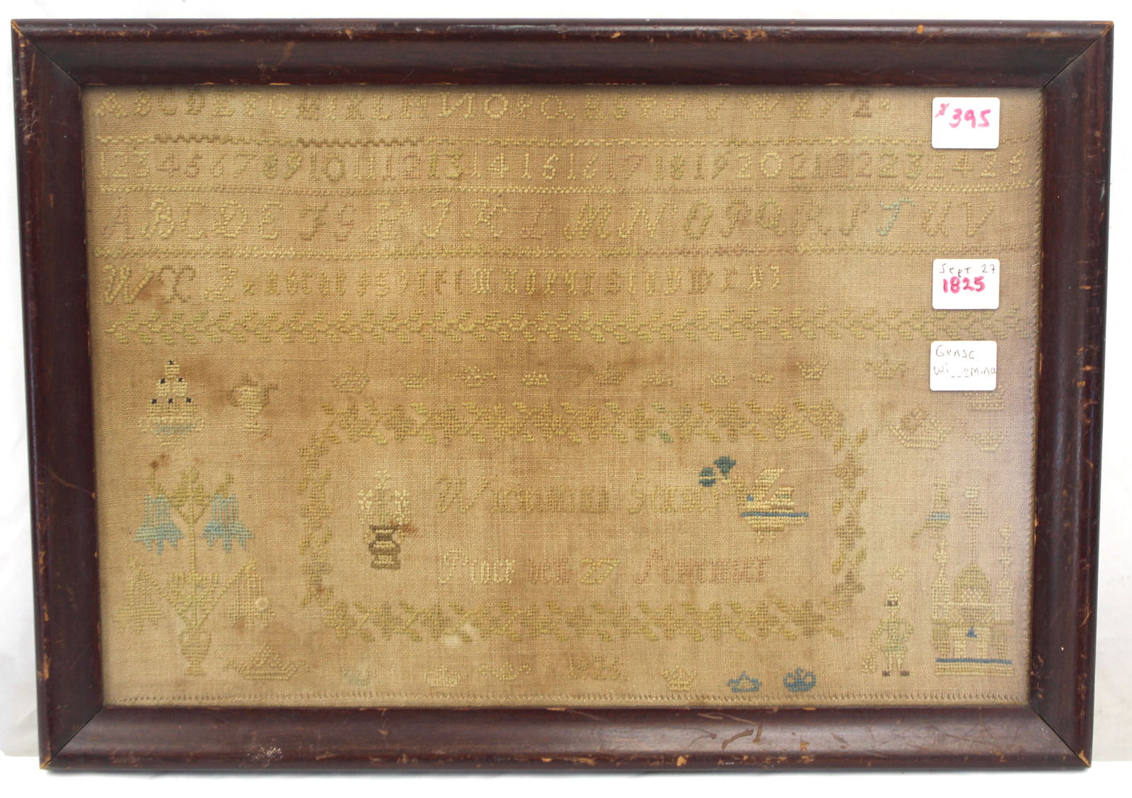 19thC alphabet & pictoral sampler dated 1825 (name illegible) w figures, flowers, crown, urns, etc -: 19thC alphabet & pictoral sampler dated 1825 (name illegible) w figures, flowers, crown, urns, etc - overall framed size 11 1/2" x 16 1/4"