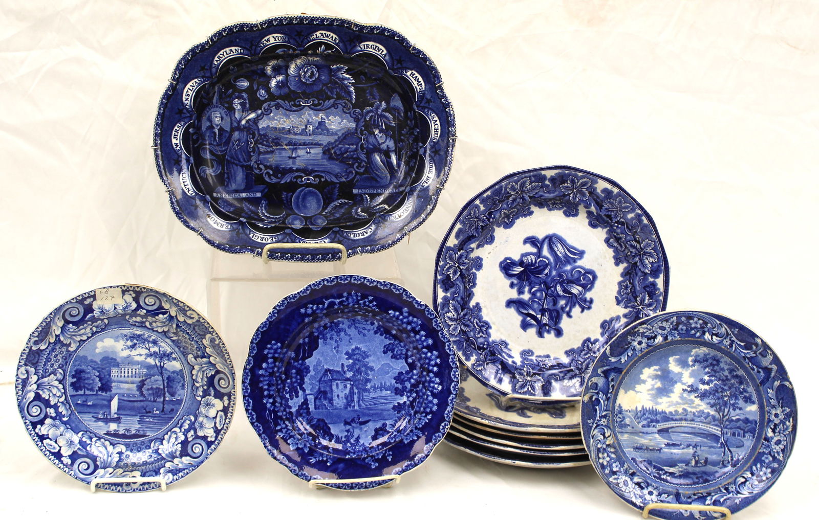 Lot of antique blue & white Staffordshire plates & a platter - 12"x10" platter, 8 3/4" & 10 1/2" (1 of 12)