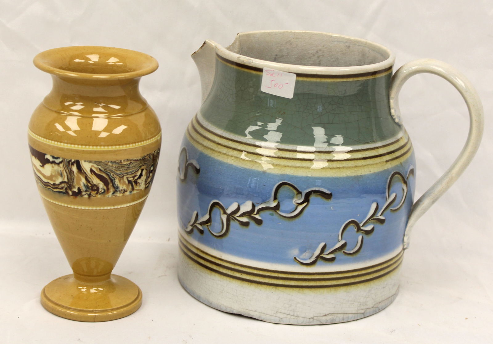 Lot of 2 antique Mochaware vessels incl yellowware agate dec vase & blue & green jug w link dec - 7 (1 of 9)