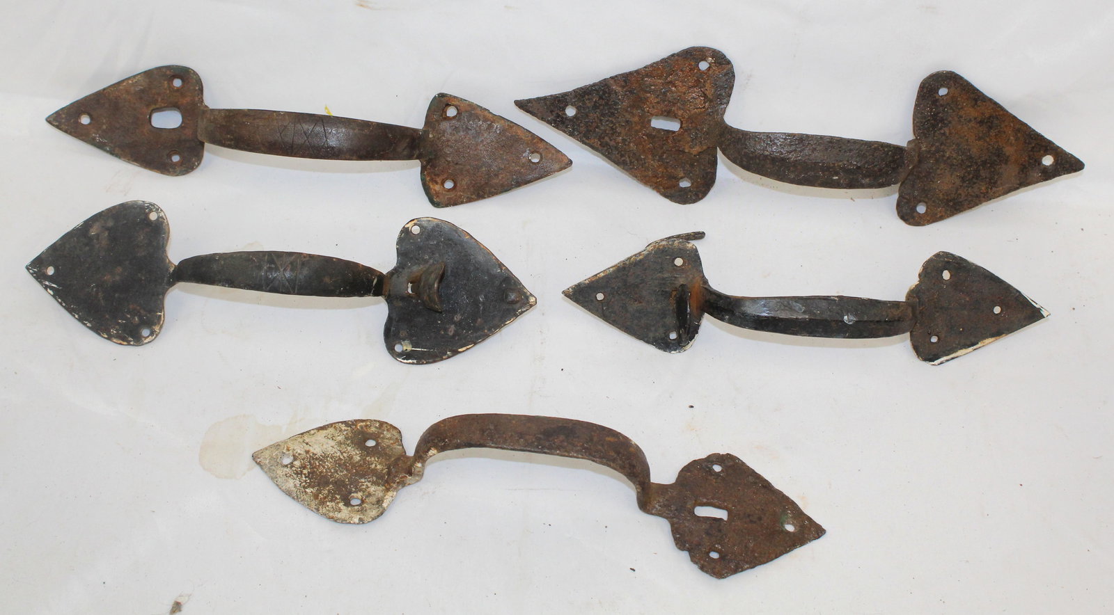 Lot of 5 antique iron door latches/handles - 10"-14": Lot of 5 antique iron door latches/handles - 10"-14"