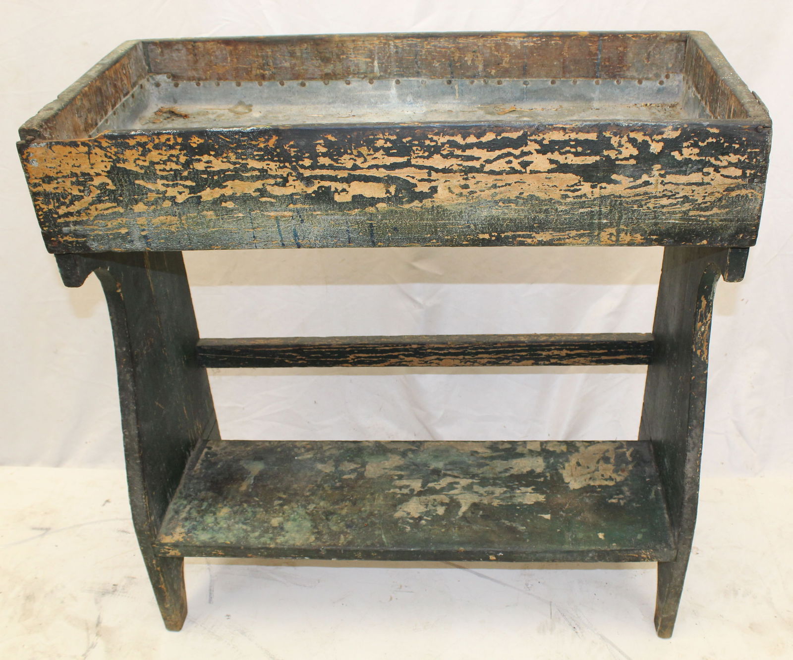 19thC 2 tiered bucket bench in green paint - 32" tall x 30 1/2" wide x 13 1/4" deep (1 of 5)
