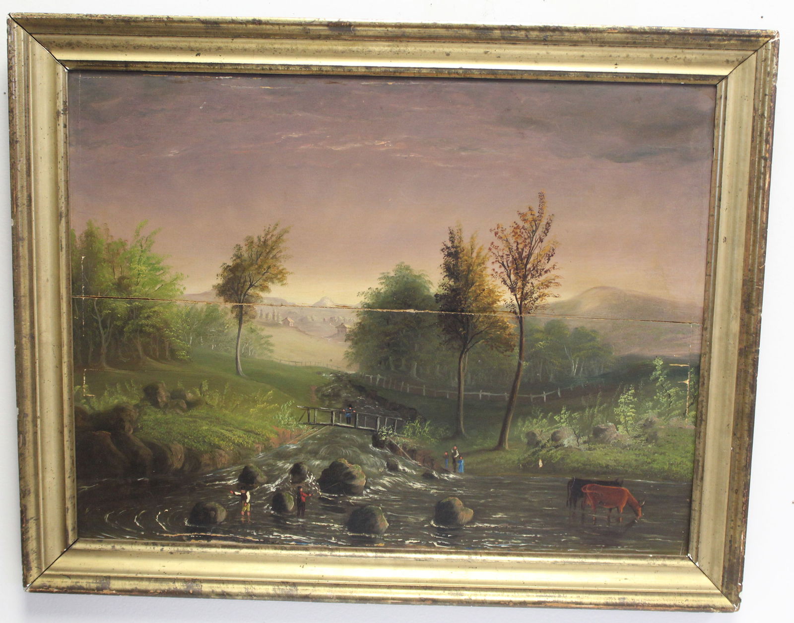 Antique o/bd riverscape w men fishing & cows watering - inscribed on verso Stephen Sanford - overall (1 of 13)