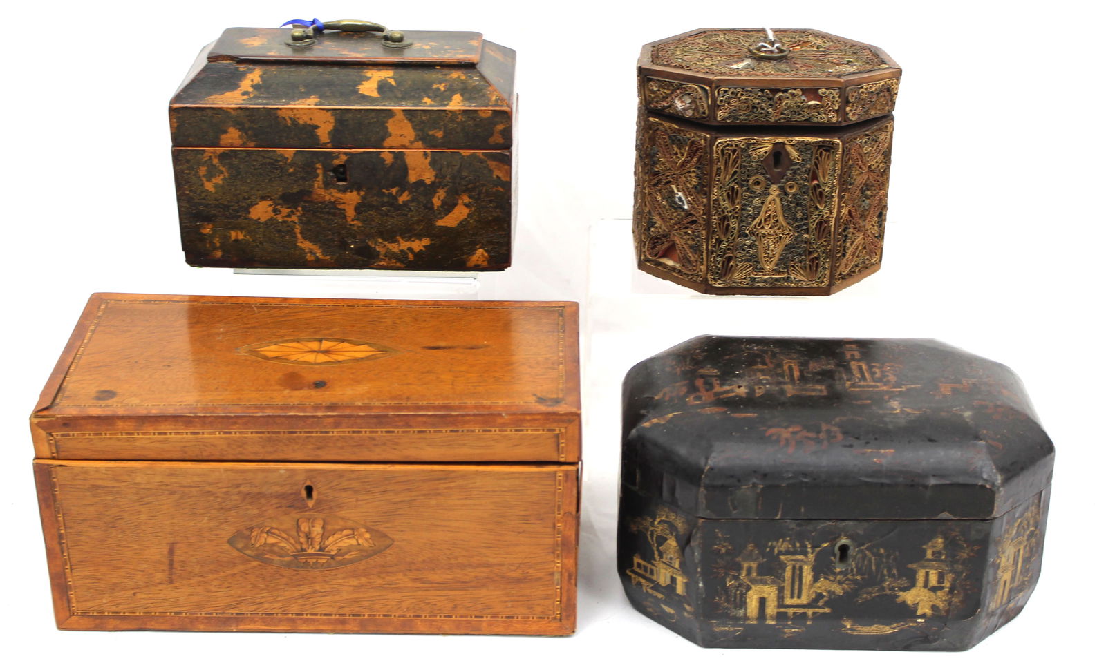Lot of 4 late 19th/early 20thC tea caddy's in various shapes & sizes - 4 1/4" tall x 6 1/2"x3 1/2", (1 of 14)