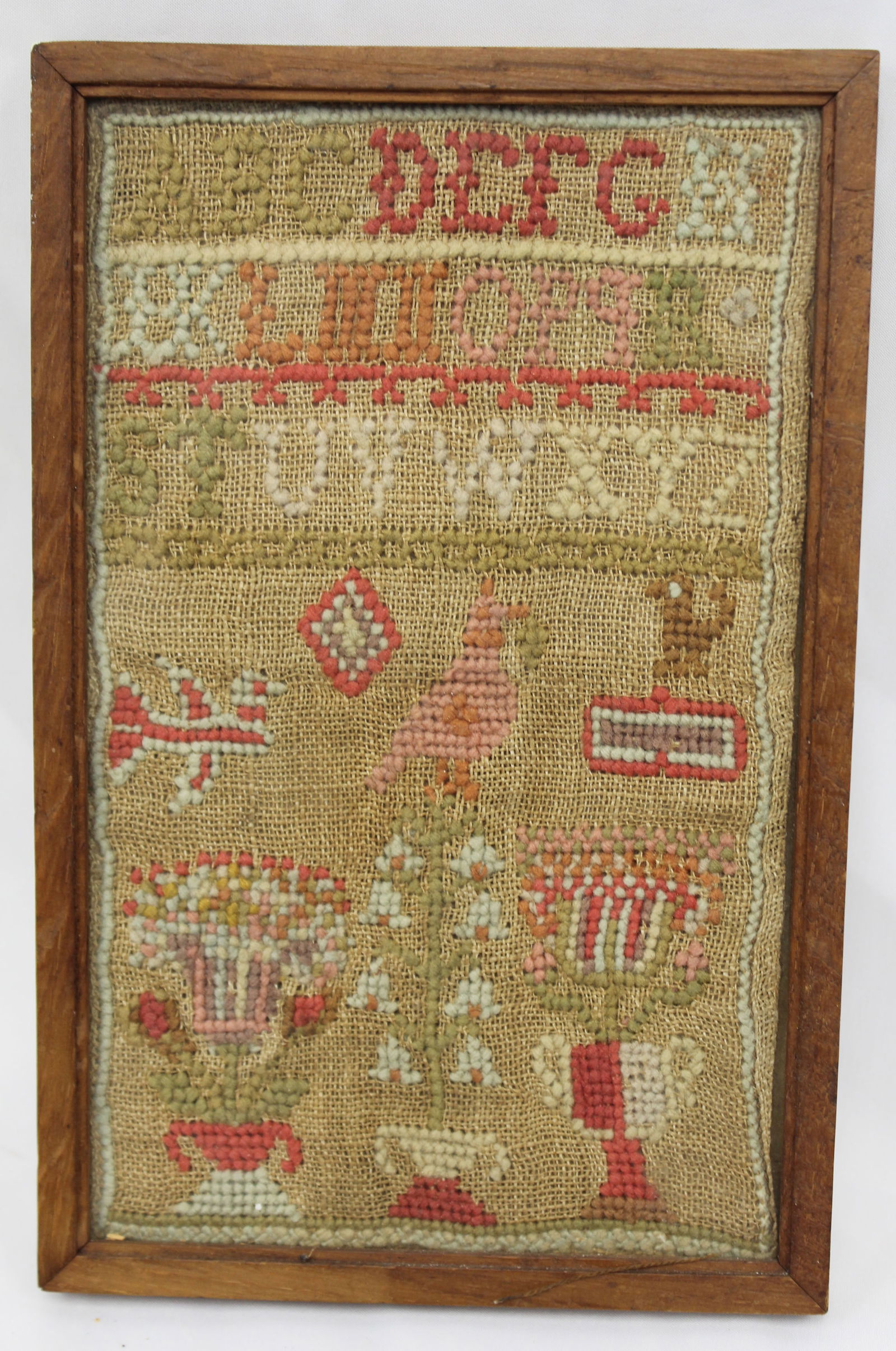 Antique framed alphabet & pictoral sampler - possibly a fragment - 9"x6" (1 of 4)