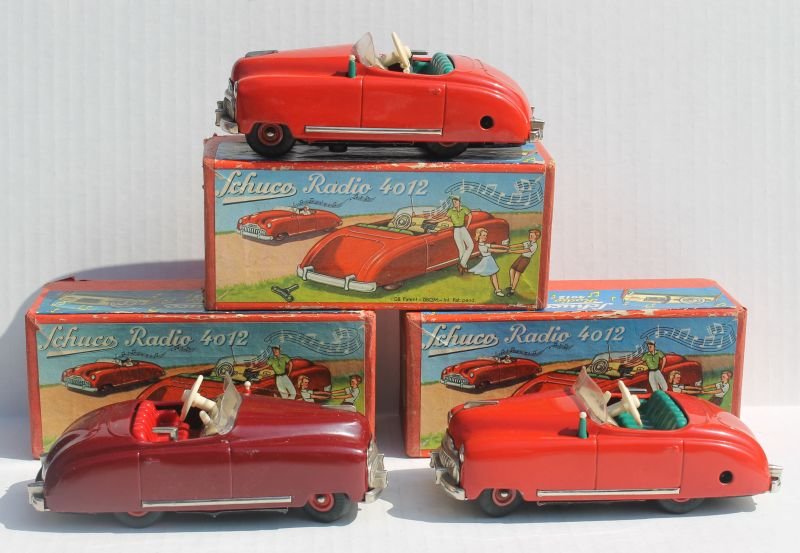 lot of 3 Schuco "Radio" #4012 key wind convertible car: lot of 3 Schuco "Radio" #4012 key wind convertible car form/Thorens music boxes - all in orig boxes w orig keys