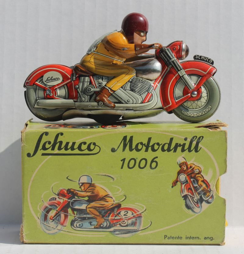 Schuco "Moto- Drill" #1006 key wind tin motorcycle w: Schuco "Moto- Drill" #1006 key wind tin motorcycle w rider in orig box & key