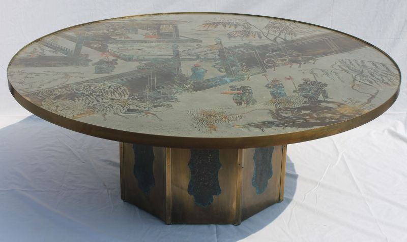 Fine sgnd Philip and Kelvin LaVerne 47" round bronze &: Fine sgnd Philip and Kelvin LaVerne 47" round bronze & pewter table depicting a detailed Asian scene - 17" tall - catalog w 2 photos of an identical table included