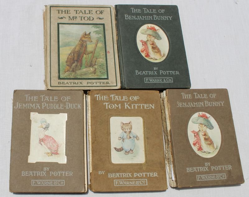 5 early Beatrix Potter children's books - 2 US 1st: 5 early Beatrix Potter children's books - 2 US 1st edition versions of "Benjamin Bunny" 1904; US 1st edition "Jemima Puddle Duck"; plus 2 London editions - 1912 "Mr. Todd" & 1907 "The Tale of Tom Kitt