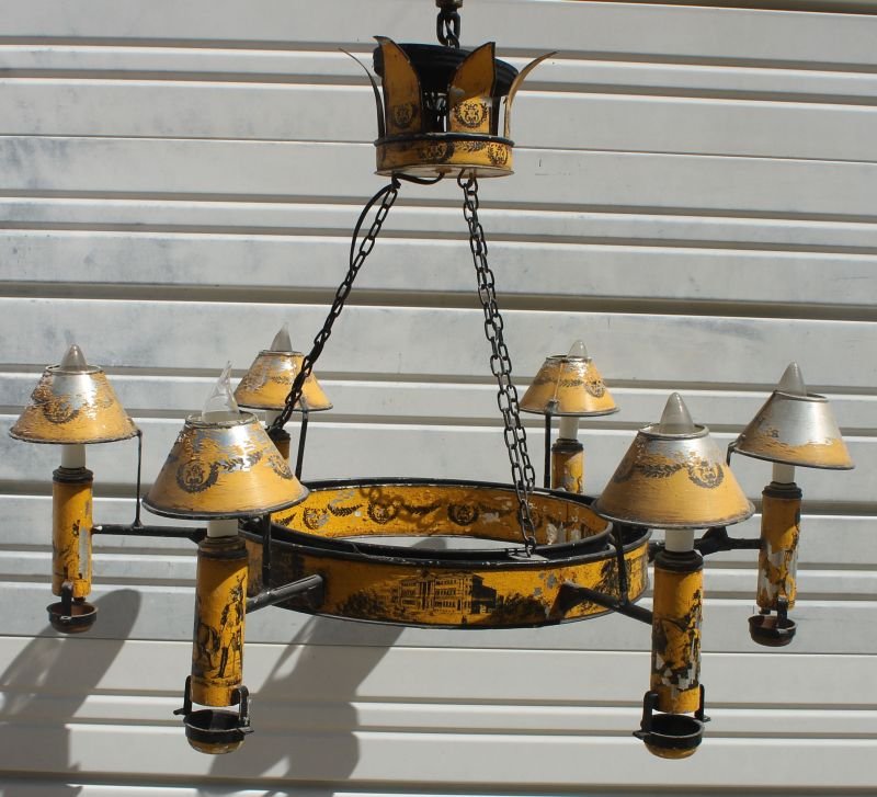 wonderful & rare antique French tole scenic & figural: wonderful & rare antique French tole scenic & figural dec 6 arm hanging chandelier in orig paint (Charlotte Belenky Estate - Longmeadow, MA) - 31" diam x 32" tall