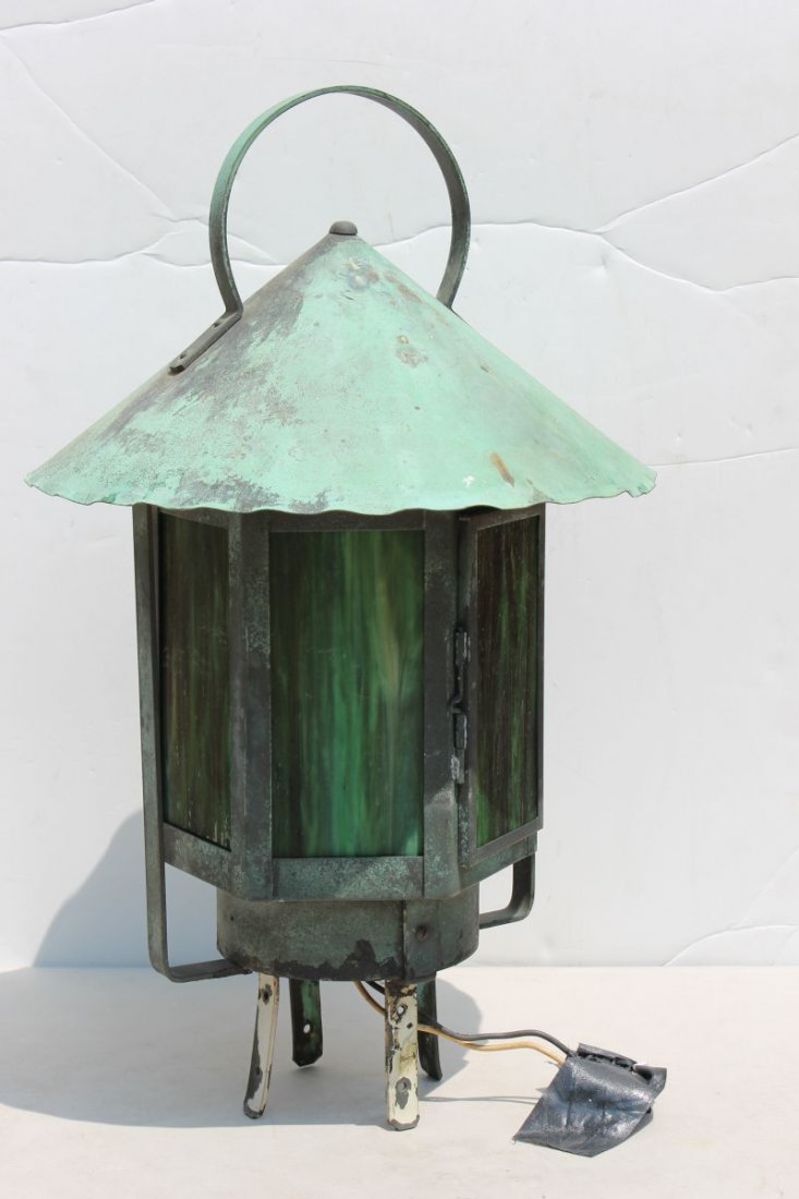 rare vintage Arts & Crafts copper & slag glass pole: rare vintage Arts & Crafts copper & slag glass pole lamp topper in great old verdigris surface