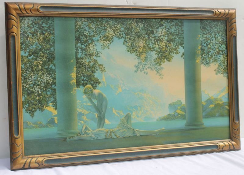 fine Maxfield Parrish print "Daybreak" - 33"x21 1/4": fine Maxfield Parrish print "Daybreak" - 33"x21 1/4" overall orig framed size - This & all the following Parrish prints are from the Morris Estate