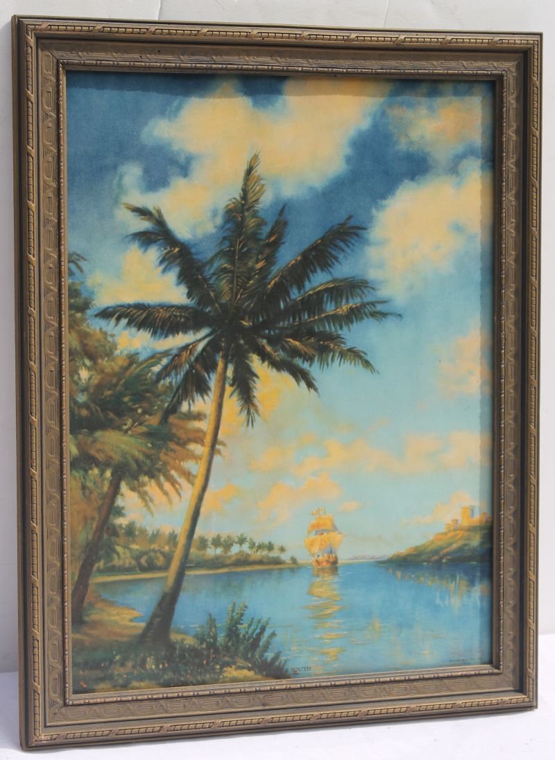 brilliant colored orig framed R. Atkinson Fox print: brilliant colored orig framed R. Atkinson Fox print titled "The Sunny South" - Maxfield Parrish type colors - 18"x14" overall framed size - Morris Estate