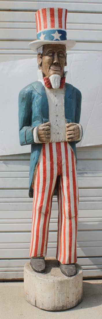 very large 7' tall carved yellow pine log Folk Art: very large 7' tall carved yellow pine log Folk Art Uncle Sam in orig paint - sgnd Duke Moore dated 1976 - found in South Carolina