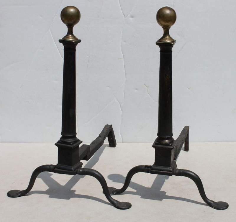 Very good pr of late 18thC Boston brass ball top: Very good pr of late 18thC Boston brass ball top andirons featuring peened construction - 19 1/2" tall