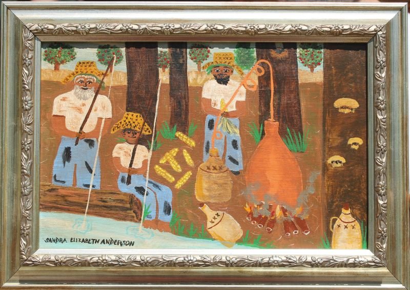 Sandra Elizabeth Anderson 8" x 12 1/2" o/panel folk art: Sandra Elizabeth Anderson 8" x 12 1/2" o/panel folk art depiction of African Americans making moonshine